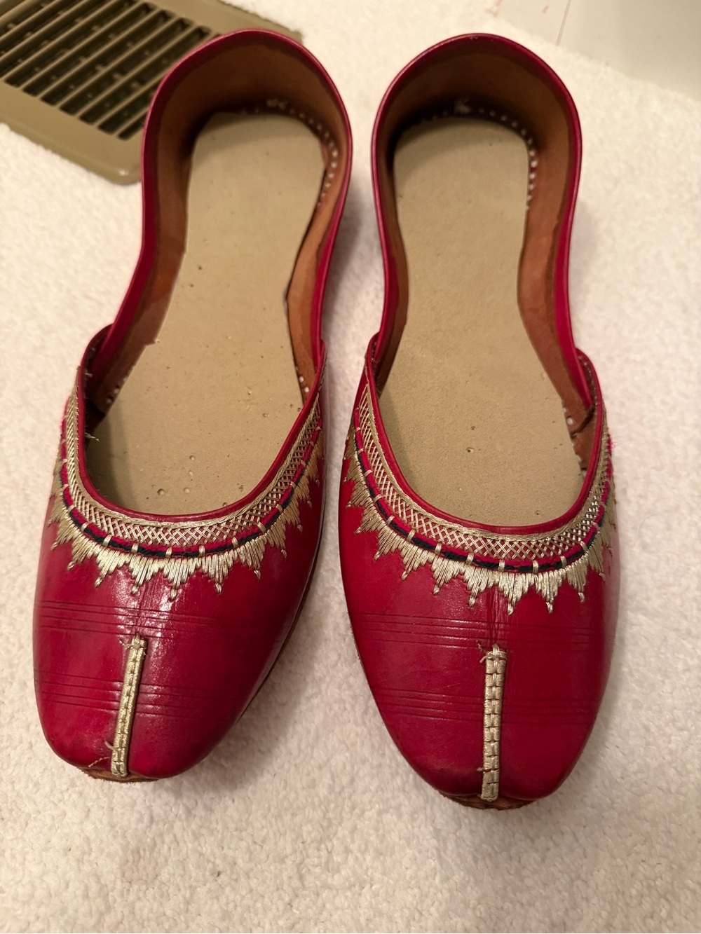red leather khussa with golden thread work size 9 handmade ethnic